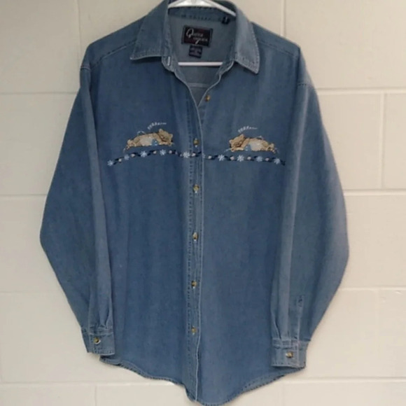 QUIXX AGAIN LONG SLEEVE COTTON DENIM JEAN SHIRT CAT NAP EMBROIDERY & BEADS - Picture 8 of 8